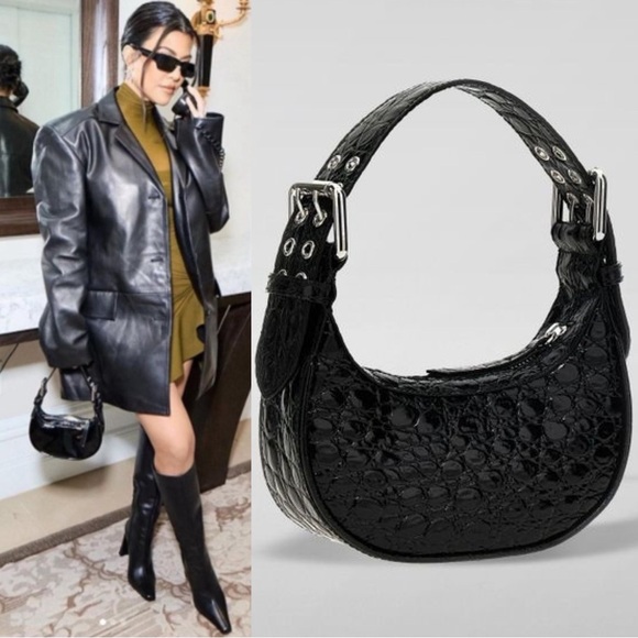 BY FAR Handbags - By Far Mini Soho Croc Embossed Leather 90s Y2K Shoulder Bag Black